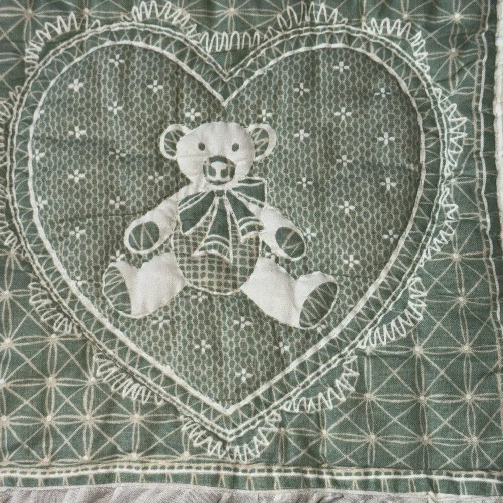 Handmade Teddy Bear Baby Quilt Pastel Crib Blanket Nursery 56x37 Vtg Cottagecore